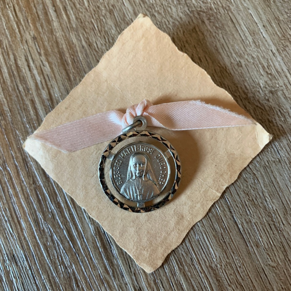 Vintage 90s Blessed‎ Marie-Rose Durocher Catholic silver medallion pendant